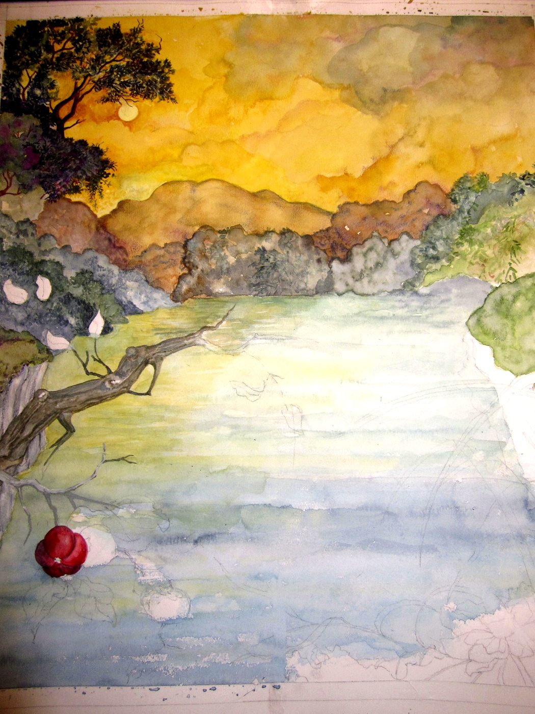 Aquarell mit blauem See, ein knorriger Ast ragt ins Bild, unten eine rote Beere.