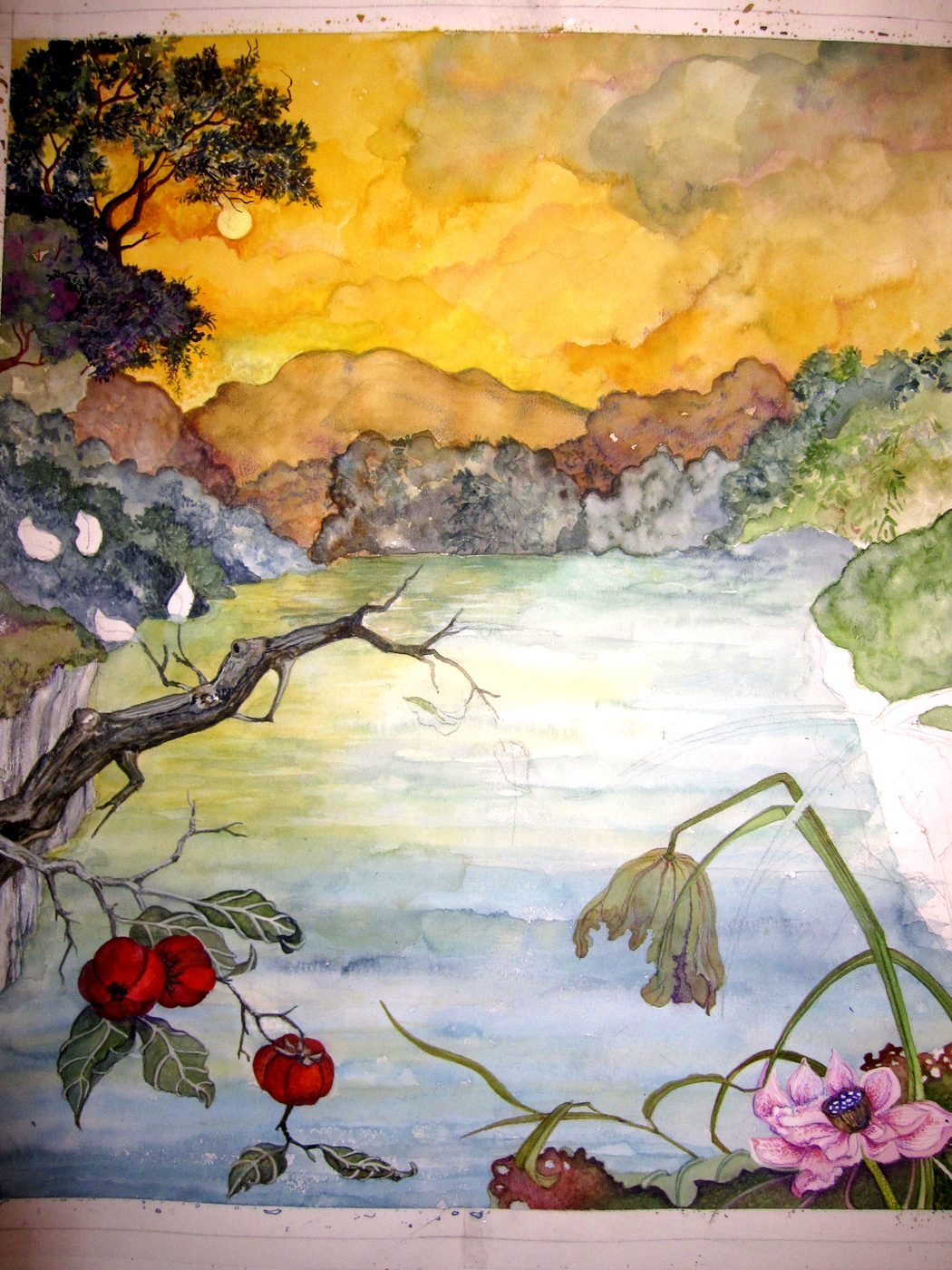 Fast fertiges Aquarell: gelber Himmel, Berge, See, im Vordergrund rote Beeren und rosa Blüten.